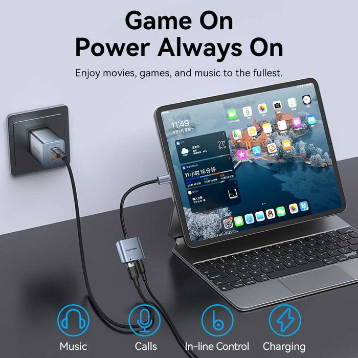 Vention Adaptador de Audio BIGHA USB-C a Jack 3.5 mm y USB-C PD Gris Vention Adaptador de Audio BIGHA USB-C a Jack 3.5 mm y USB-C PD Gris